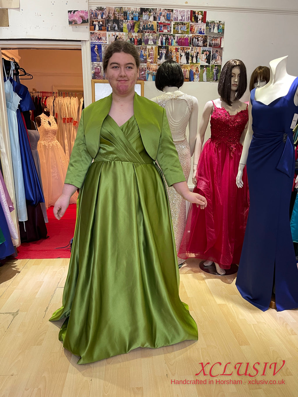 Olive Green Satin A-Line Prom Dress with Bolero – Plus Size – XCLUSIV Horsham