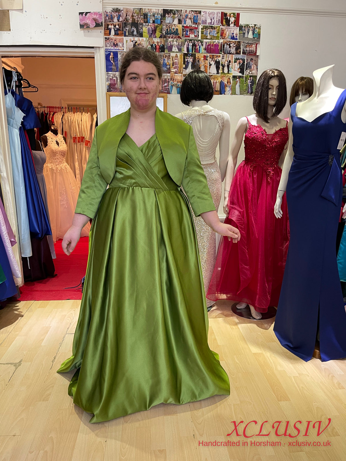 Olive Green Satin A-Line Prom Dress with Bolero – Plus Size – XCLUSIV Horsham