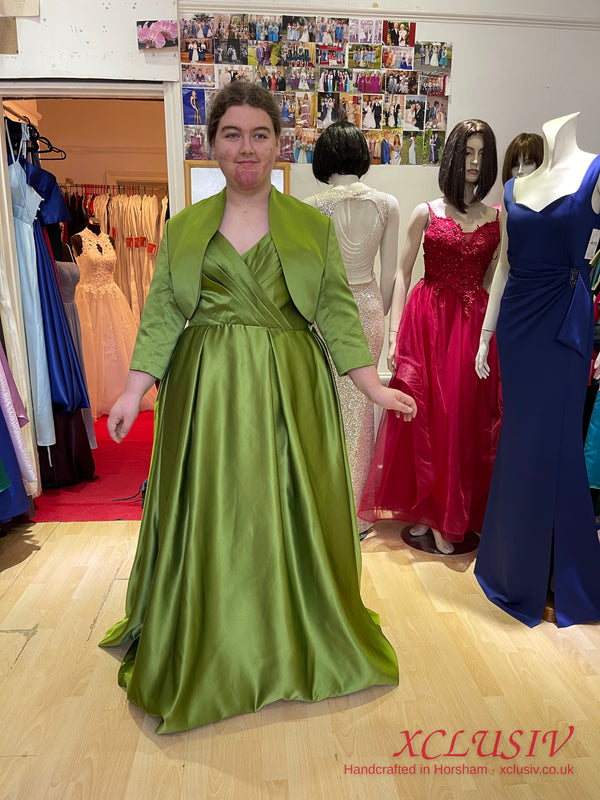 Olive Green Satin A-Line Prom Dress with Bolero – Plus Size – XCLUSIV Horsham