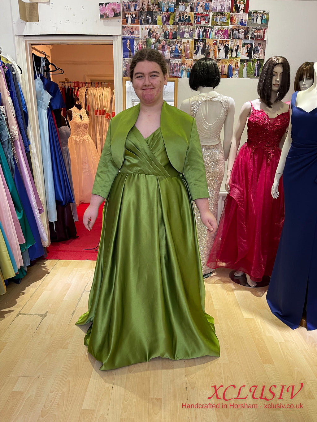 Olive Green Satin A-Line Prom Dress with Bolero – Plus Size – XCLUSIV Horsham (view 2)