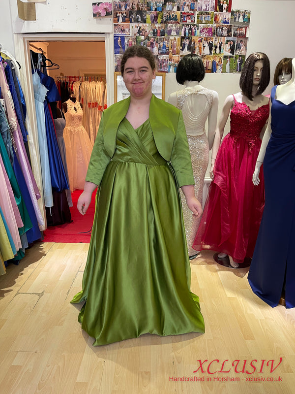 Olive Green Satin A-Line Prom Dress with Bolero – Plus Size – XCLUSIV Horsham (view 2)