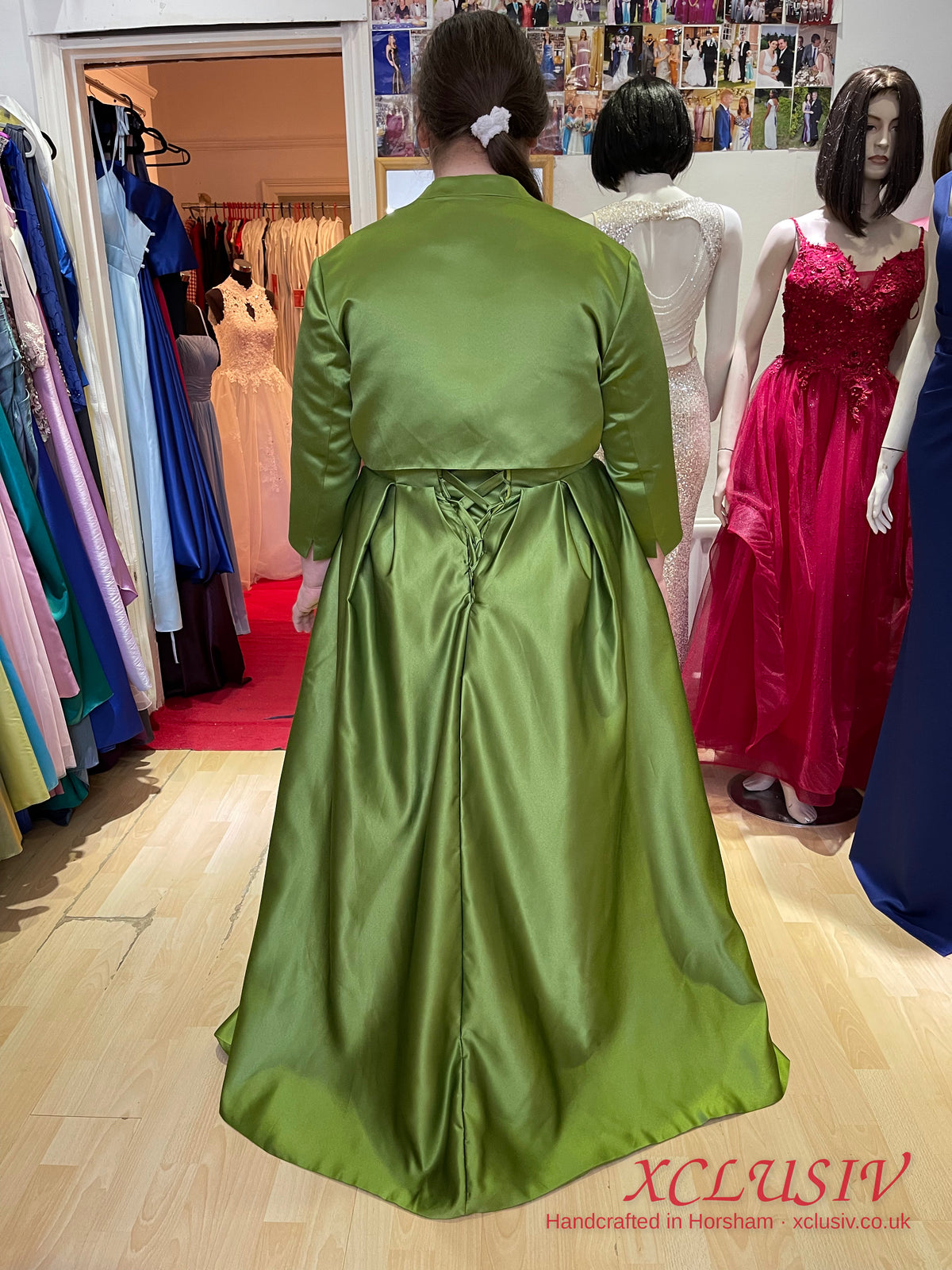 Olive Green Satin A-Line Prom Dress with Bolero – Plus Size – XCLUSIV Horsham (view 3)
