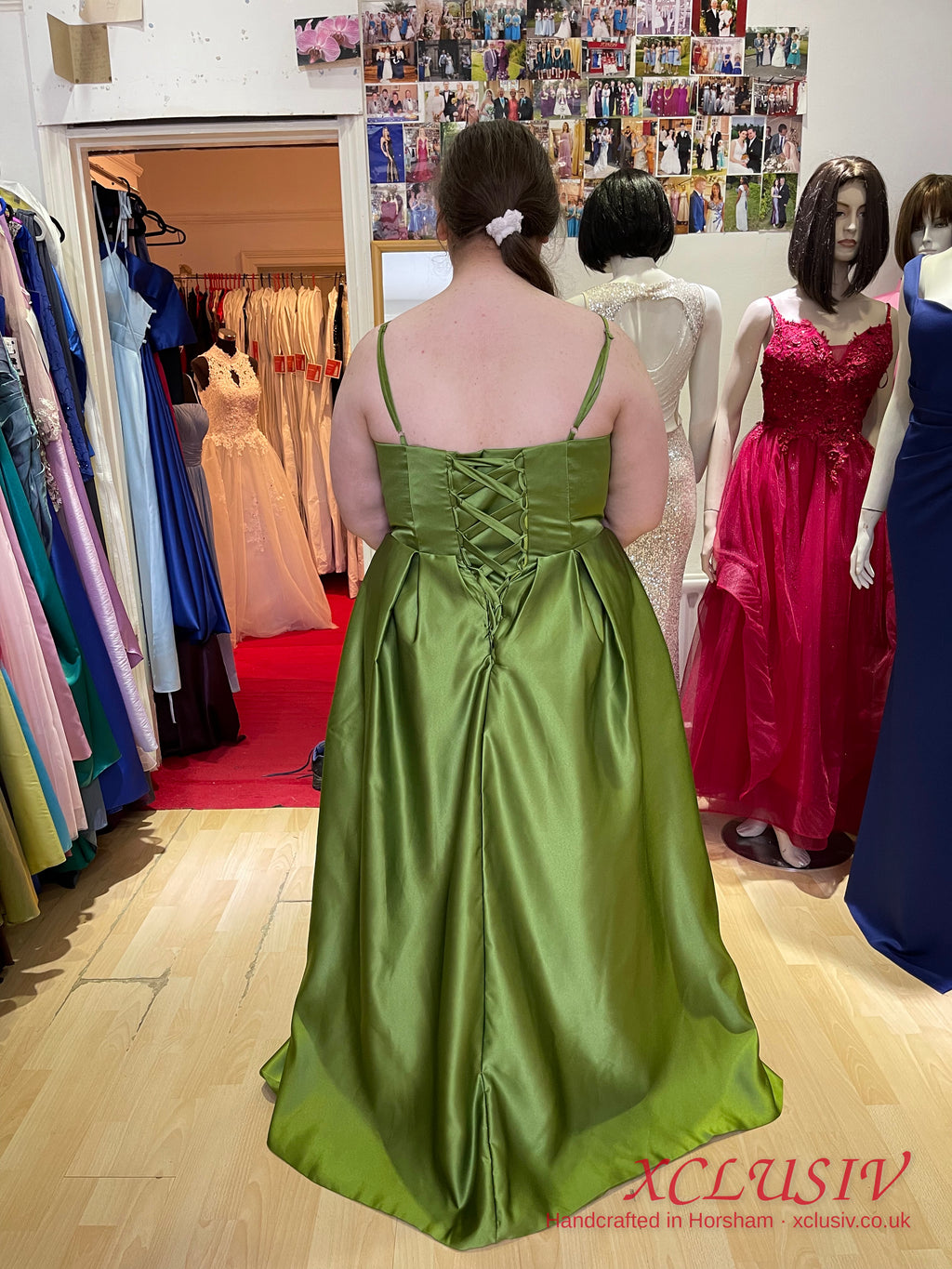 Olive Green Satin A-Line Prom Dress with Bolero – Plus Size – XCLUSIV Horsham (view 4)