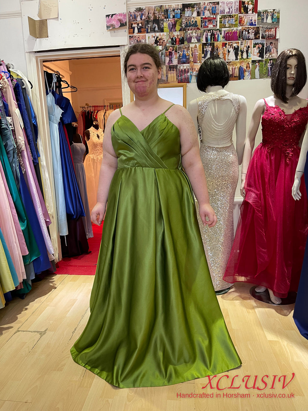 Olive Green Satin A-Line Prom Dress with Bolero – Plus Size – XCLUSIV Horsham (view 5)