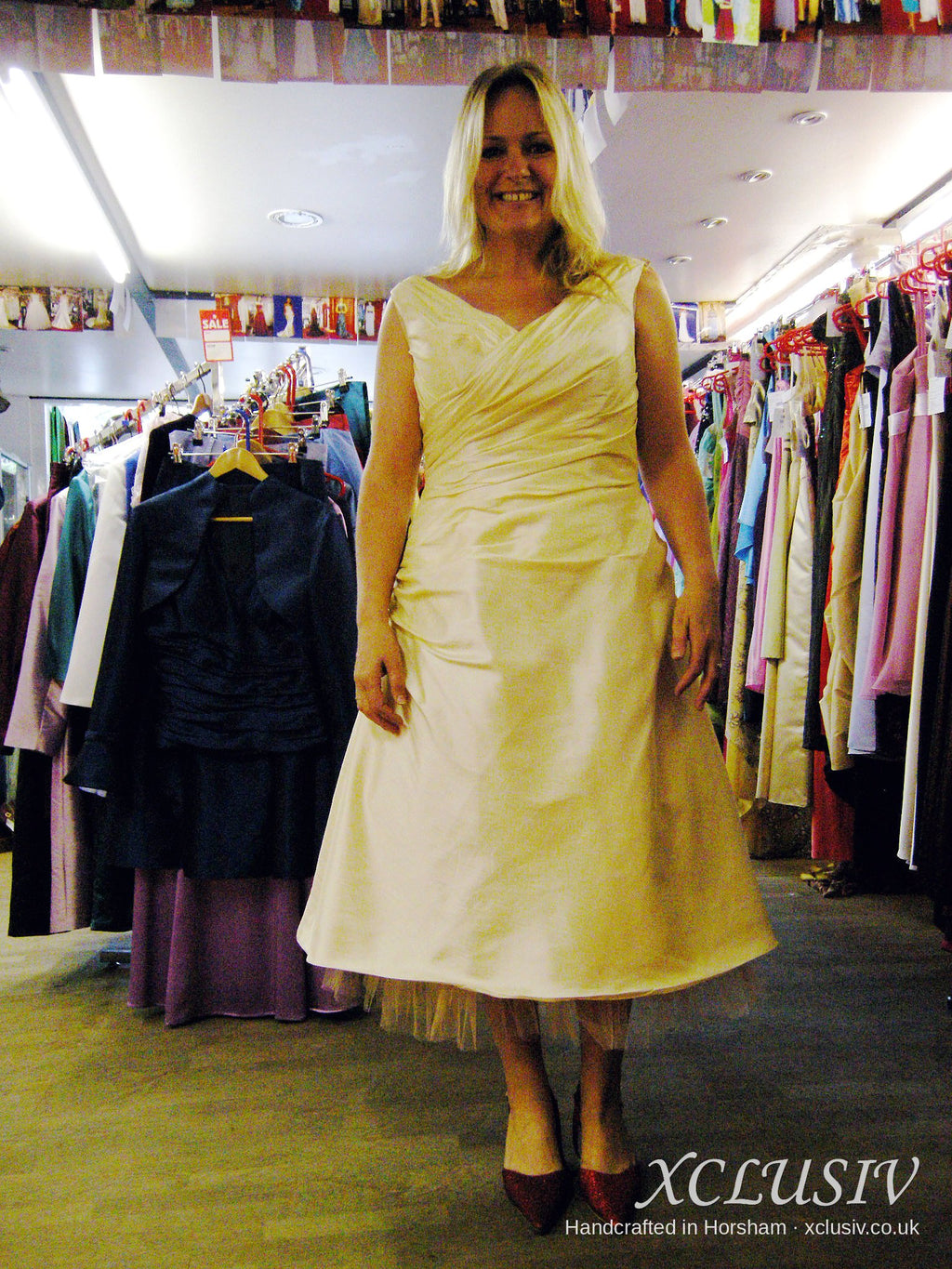 Pale Gold Satin Tea-Length Dress with Lace-Up Back – Mother of the Bride – XCLUSIV Horsham