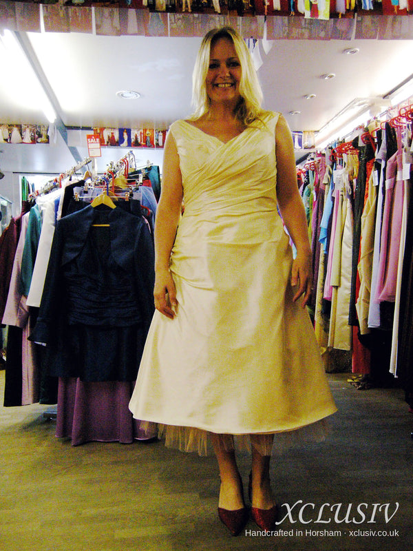 Pale Gold Satin Tea-Length Dress with Lace-Up Back – Mother of the Bride – XCLUSIV Horsham