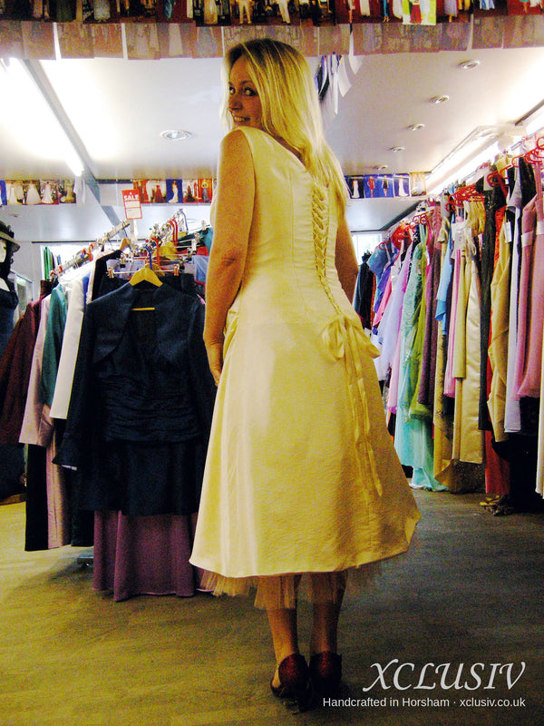 Pale Gold Satin Tea-Length Dress with Lace-Up Back – Mother of the Bride – XCLUSIV Horsham (view 2)