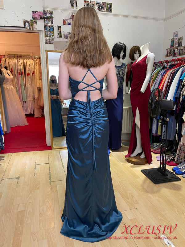Petrol Blue Satin Cowl Lace-Up Back Prom Dress – XCLUSIV Horsham