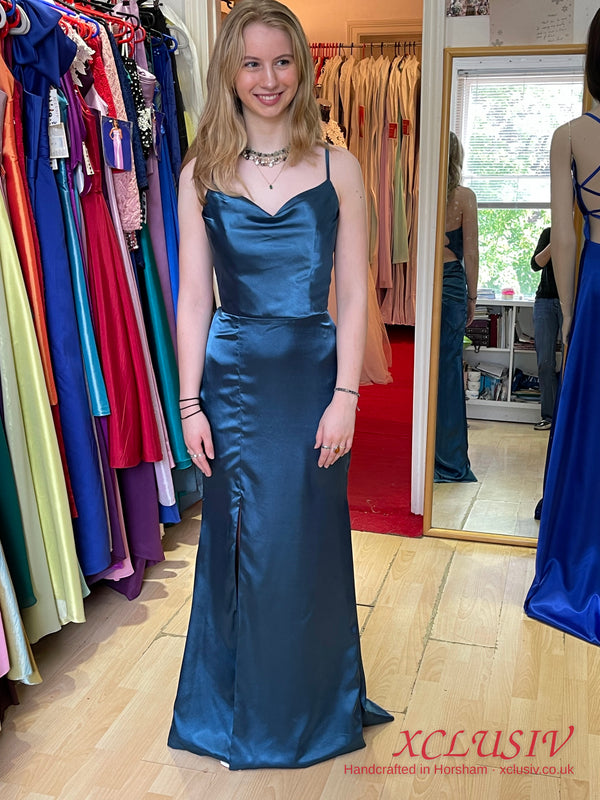 Petrol Blue Satin Cowl Lace-Up Back Prom Dress – XCLUSIV Horsham (view 4)