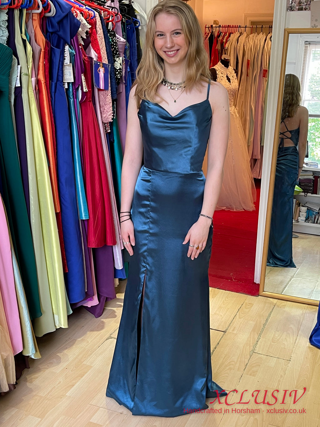 Petrol Blue Satin Cowl Lace-Up Back Prom Dress – XCLUSIV Horsham (view 5)
