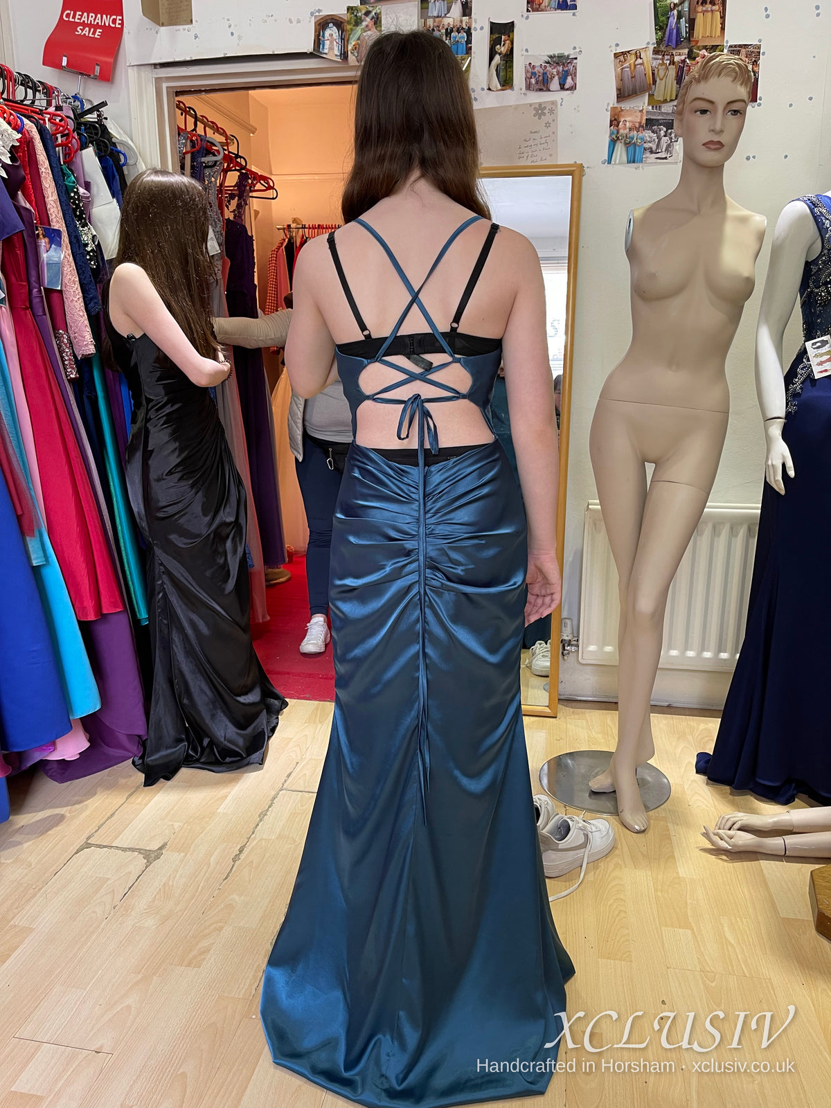 Petrol Blue Satin Cowl Lace-Up Back Prom Dress – XCLUSIV Horsham (view 6)