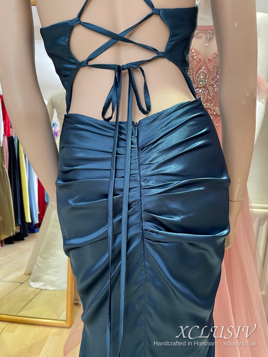 Petrol Blue Satin Cowl Lace-Up Back Prom Dress – XCLUSIV Horsham (view 7)