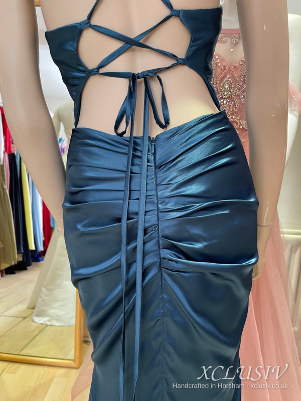 Petrol Blue Satin Cowl Lace-Up Back Prom Dress – XCLUSIV Horsham (view 7)