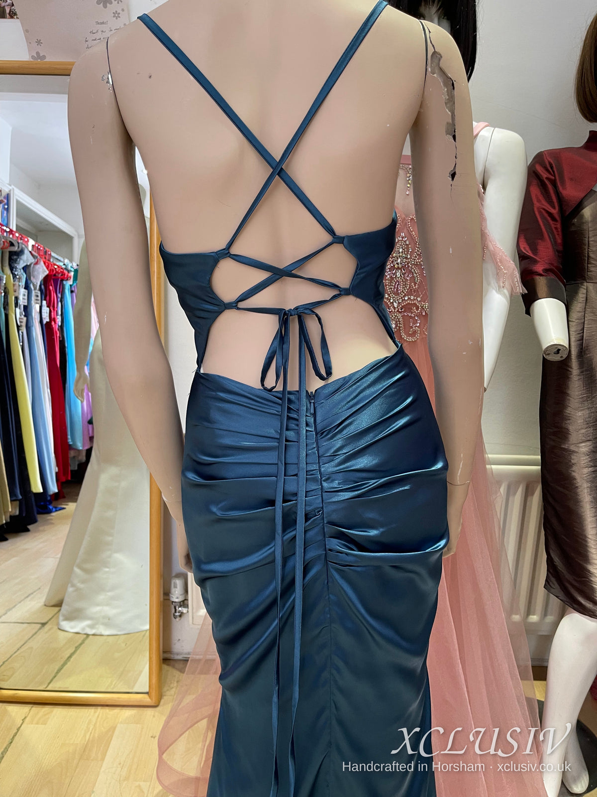 Petrol Blue Satin Cowl Lace-Up Back Prom Dress – XCLUSIV Horsham (view 8)