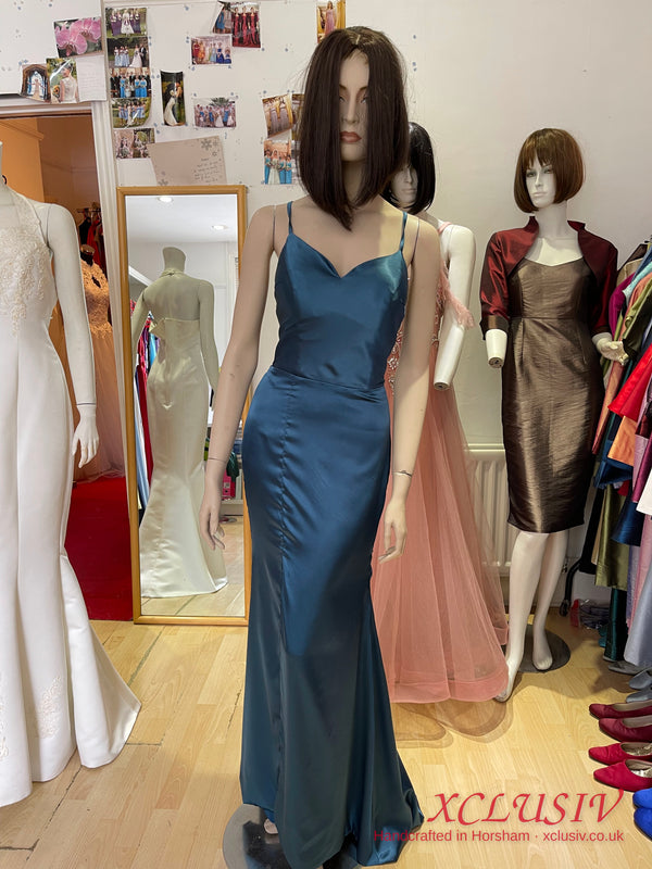 Petrol Blue Satin Cowl Lace-Up Back Prom Dress – XCLUSIV Horsham (view 9)