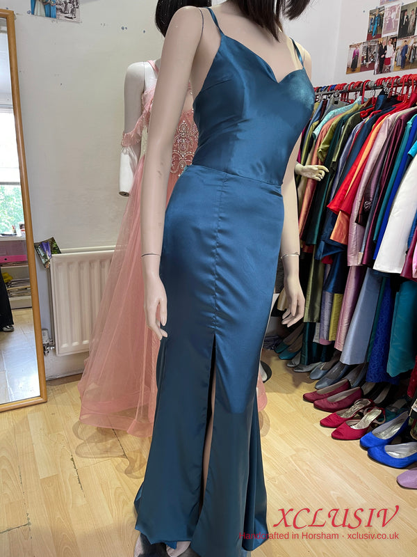 Petrol Blue Satin Cowl Lace-Up Back Prom Dress – XCLUSIV Horsham (view 10)