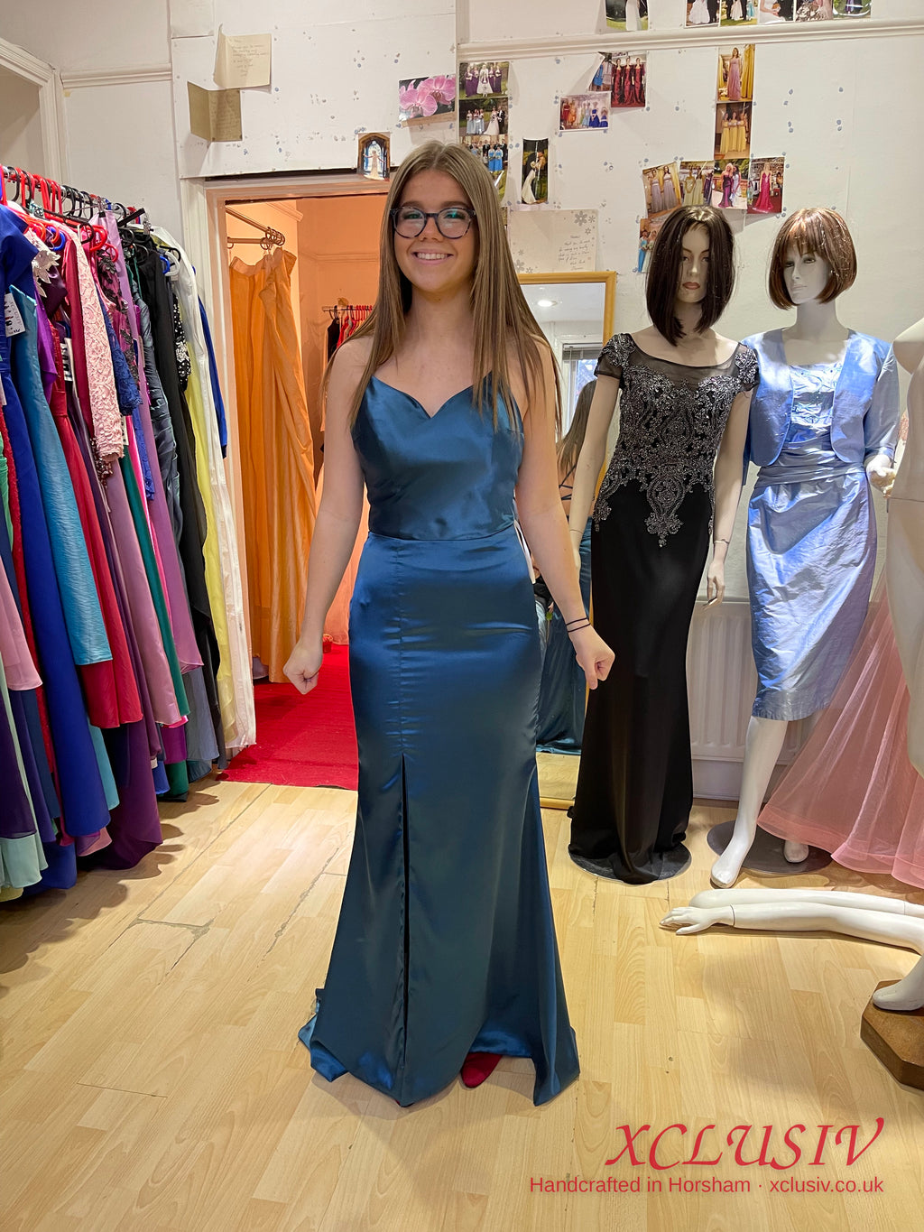 Petrol Blue Satin Cowl Lace-Up Back Prom Dress – XCLUSIV Horsham (view 11)