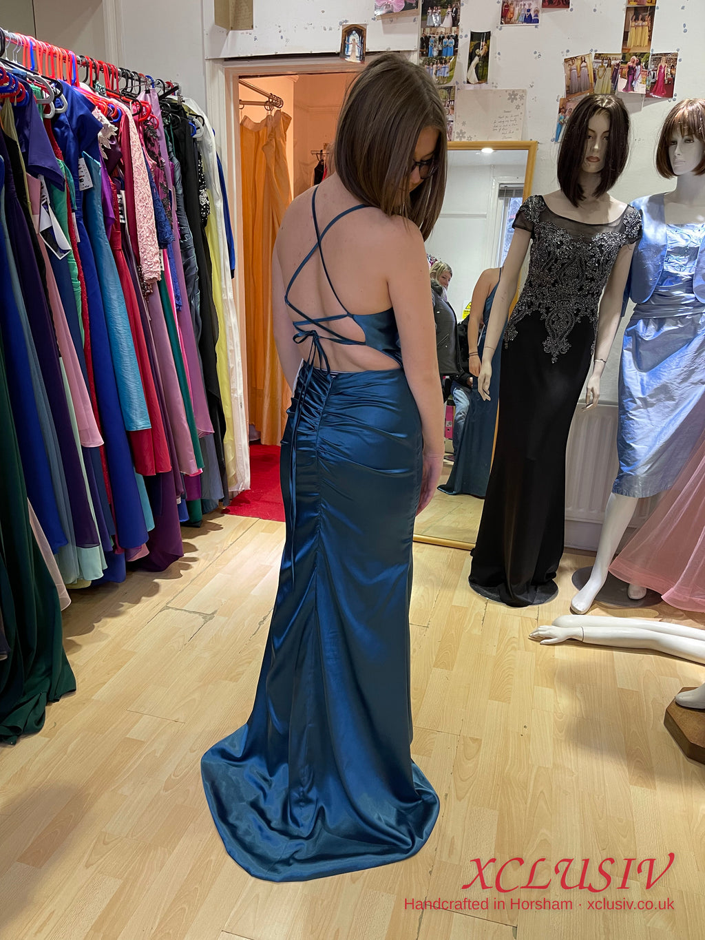 Petrol Blue Satin Cowl Lace-Up Back Prom Dress – XCLUSIV Horsham (view 12)
