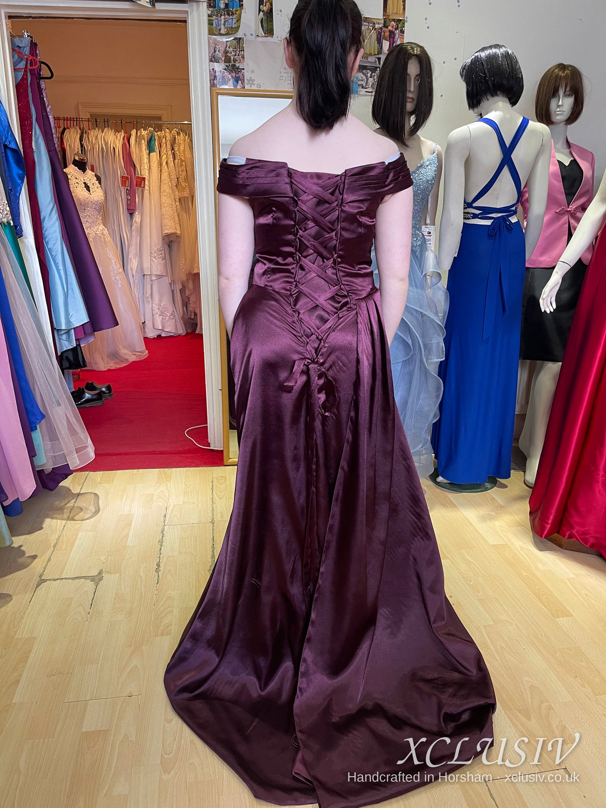 Plum Satin Off-Shoulder Corset-Back Prom Dress – XCLUSIV Horsham