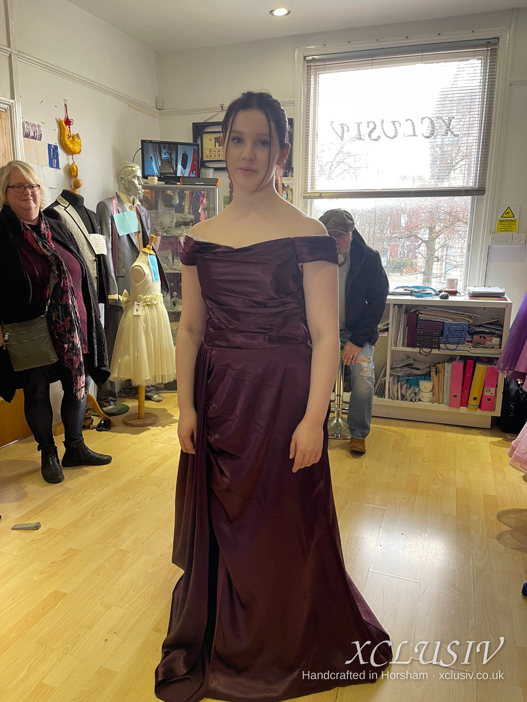 Plum Satin Off-Shoulder Corset-Back Prom Dress – XCLUSIV Horsham (view 2)