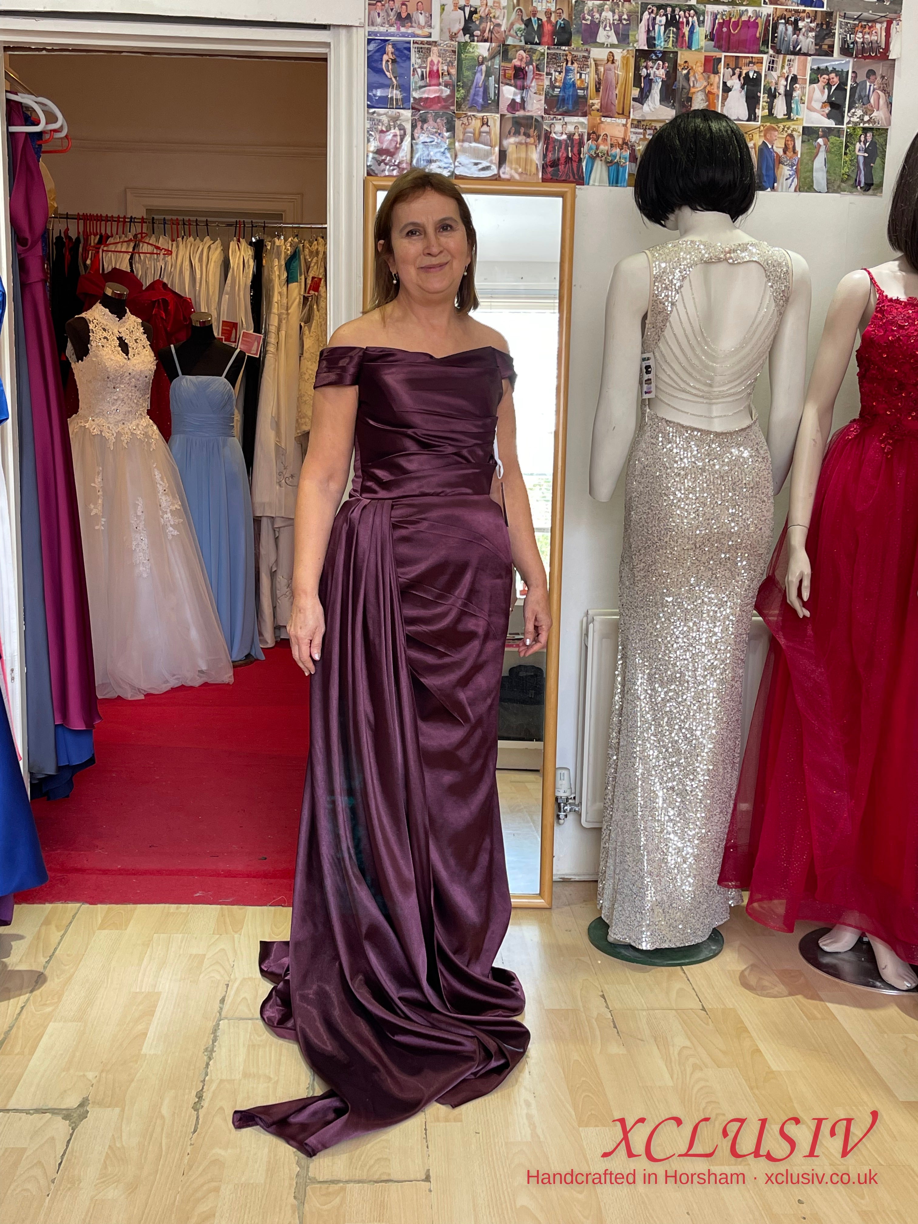 Plum Satin Off-Shoulder Gown with Draped Train – Mother of the Bride Secondary image