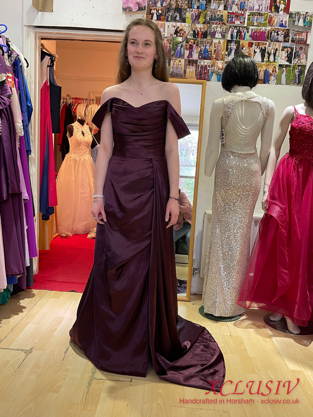 Plum Satin Off-Shoulder Gown with Draped Train – Mother of the Bride – XCLUSIV Horsham (view 3)