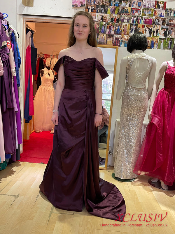 Plum Satin Off-Shoulder Gown with Draped Train – Mother of the Bride – XCLUSIV Horsham (view 4)