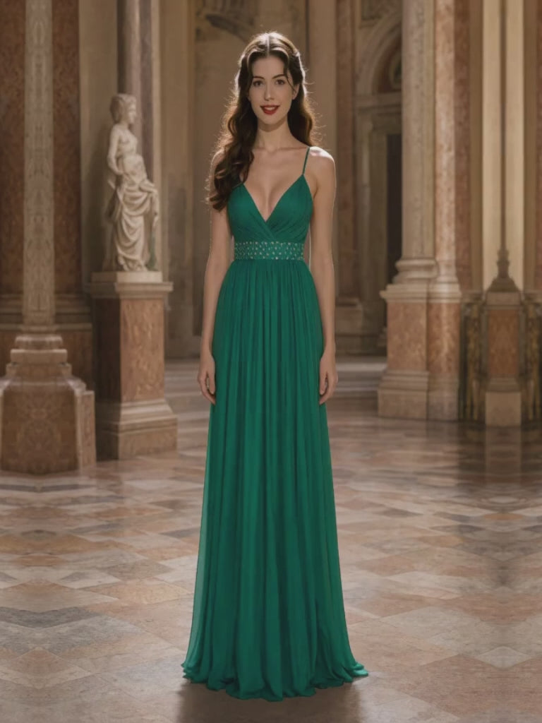 Teal emerald chiffon evening gown video – front, side and open back – XCLUSIV Horsham