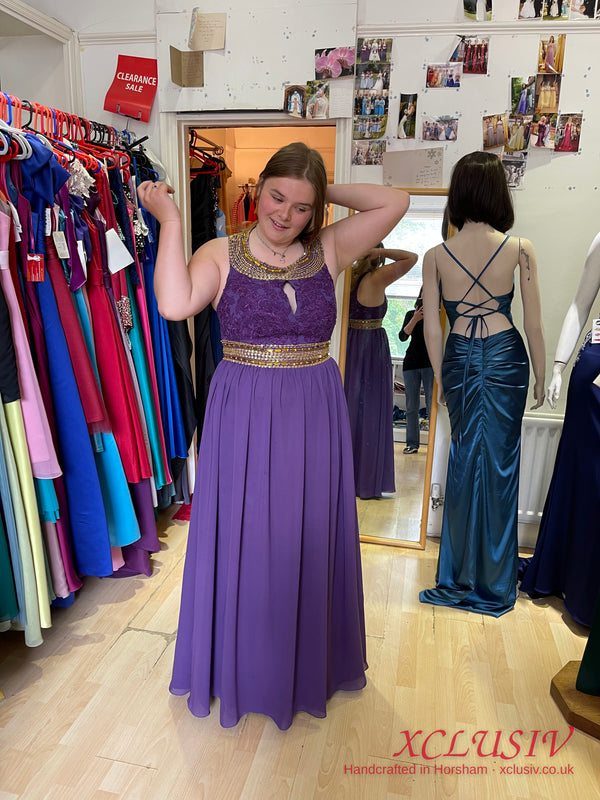 Purple Chiffon Gold Beaded Halter Prom Dress – XCLUSIV Horsham (view 2)