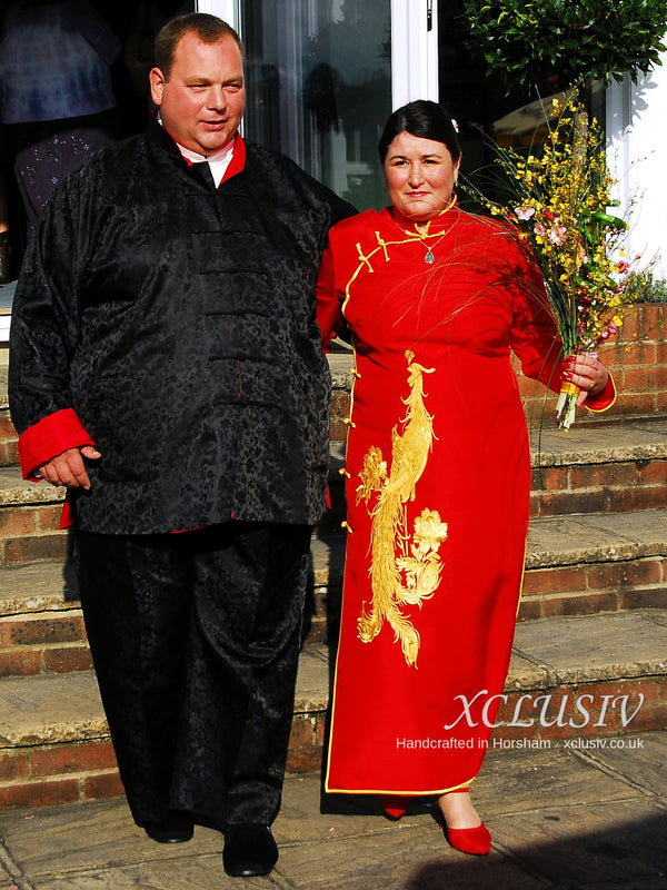 Bride in red qipao and groom in black brocade mandarin-collar jacket at their Chinese-style wedding – XCLUSIV Horsham
