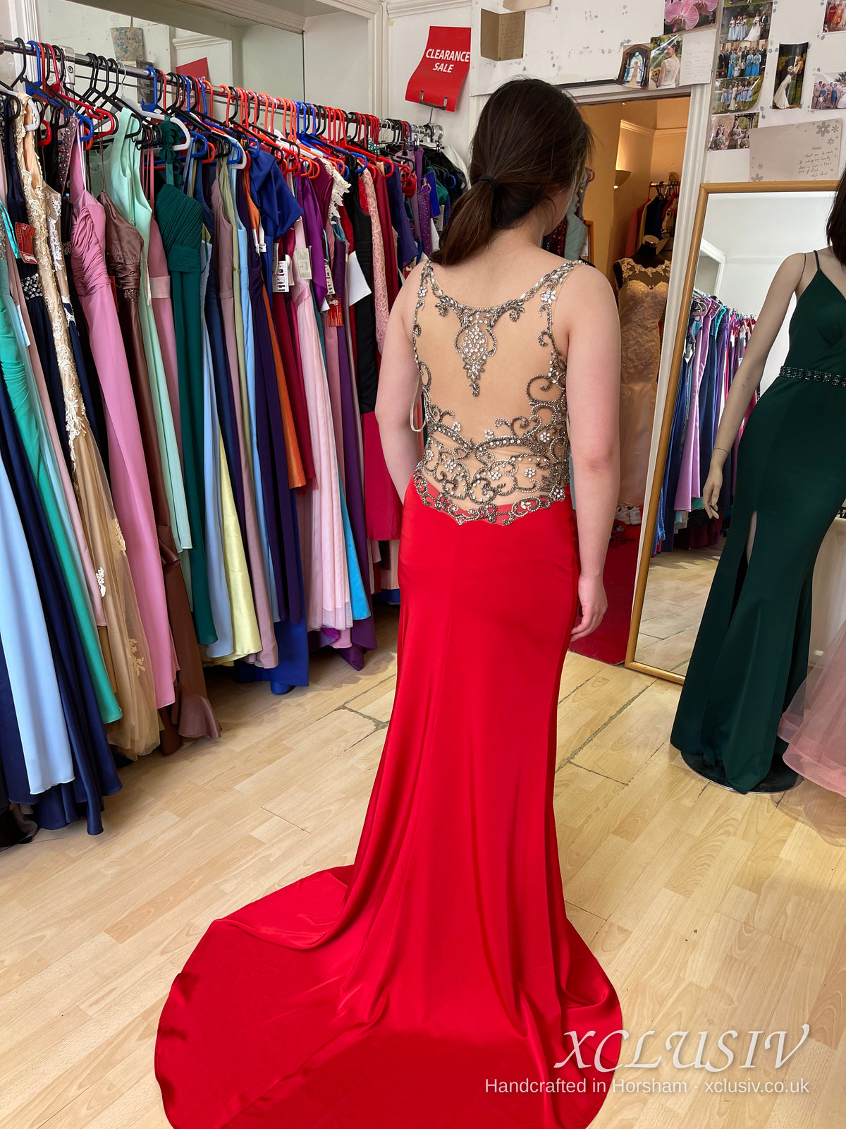 Red Crepe Beaded Illusion-Back Train Prom Dress – XCLUSIV Horsham