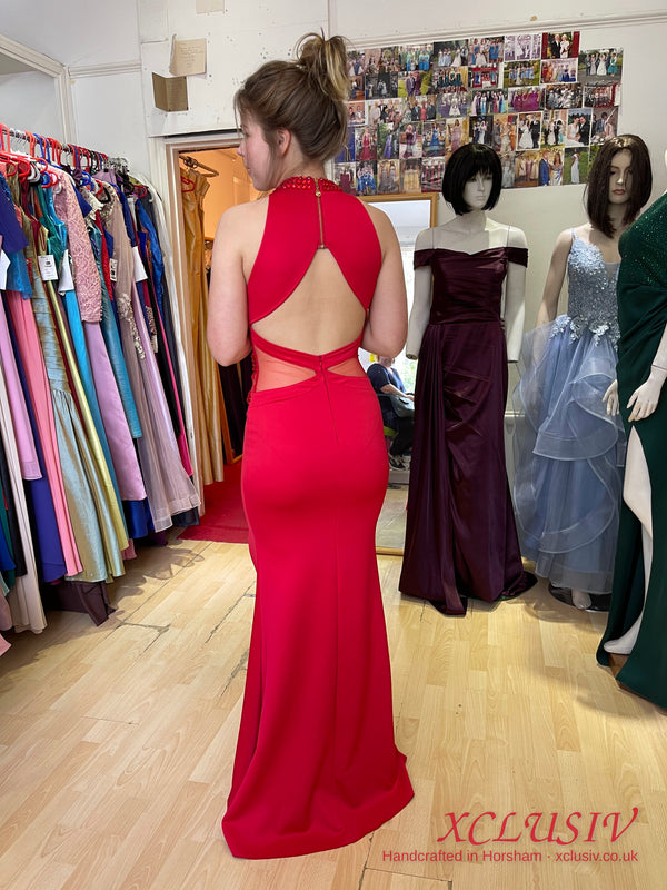 Red Crepe Jewelled Halter Cut-Out Prom Dress – XCLUSIV Horsham (view 2)