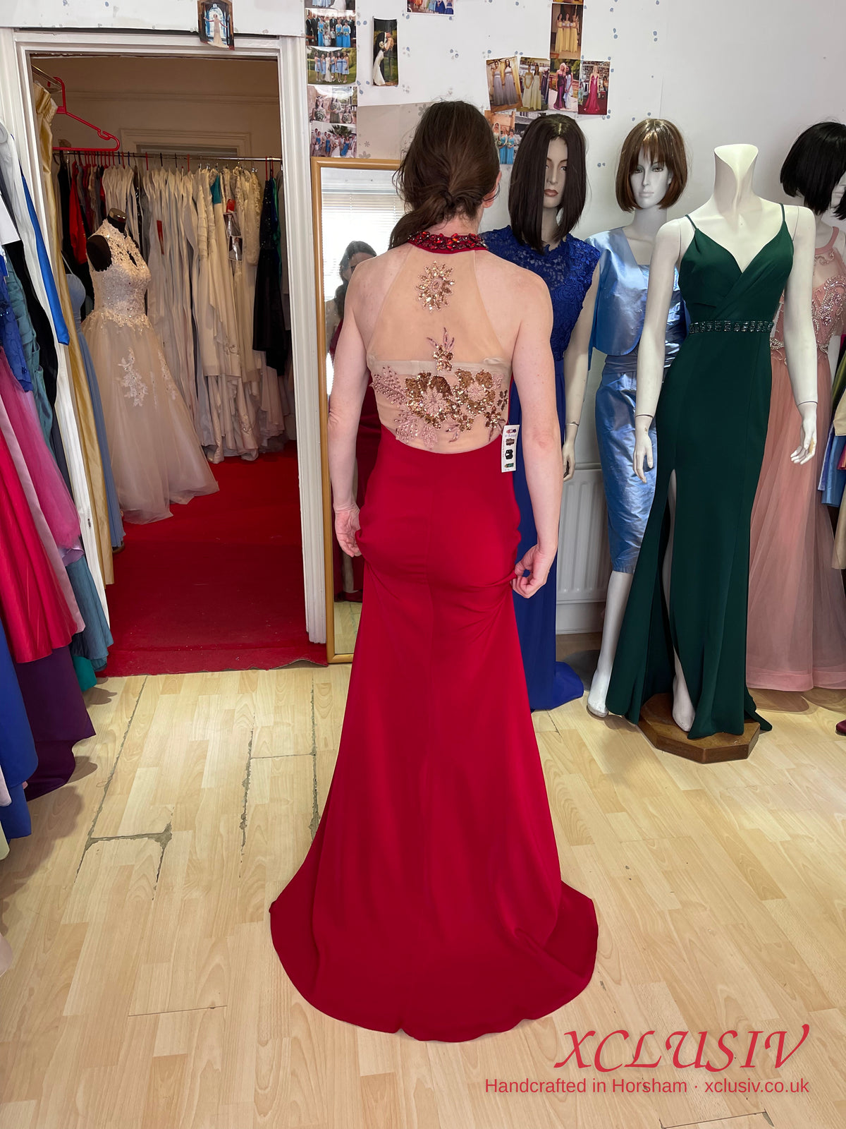 Red Crepe Jewelled Halter Illusion-Back Prom Dress – XCLUSIV Horsham (view 2)