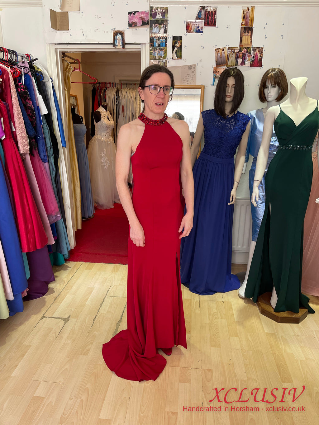 Red Crepe Jewelled Halter Illusion-Back Prom Dress – XCLUSIV Horsham (view 3)