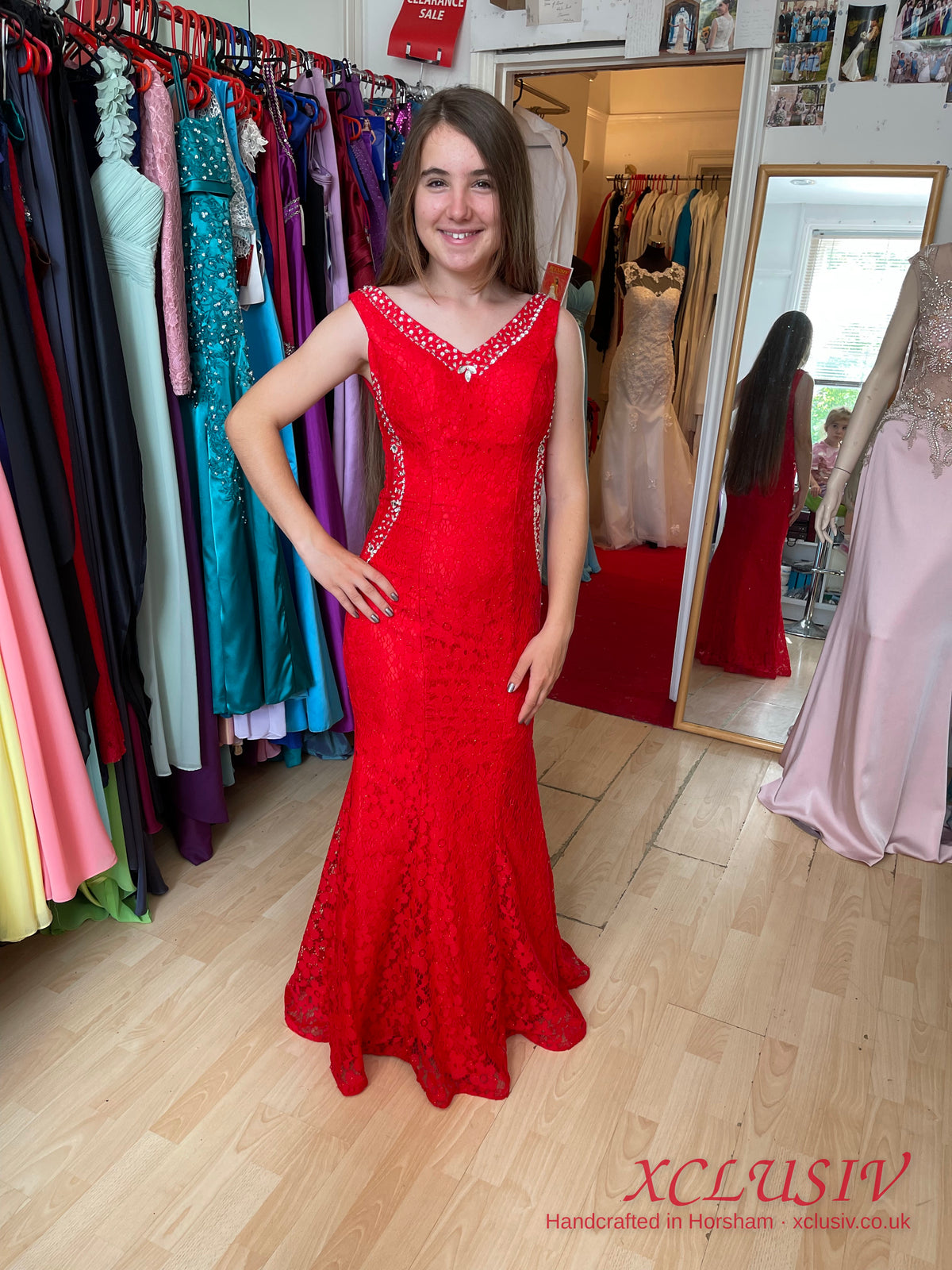 Red Lace Beaded Mermaid Prom Dress – XCLUSIV Horsham (view 3)