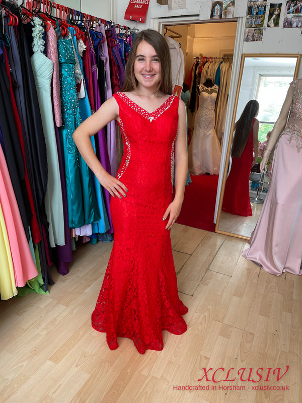 Red Lace Beaded Mermaid Prom Dress – XCLUSIV Horsham (view 4)