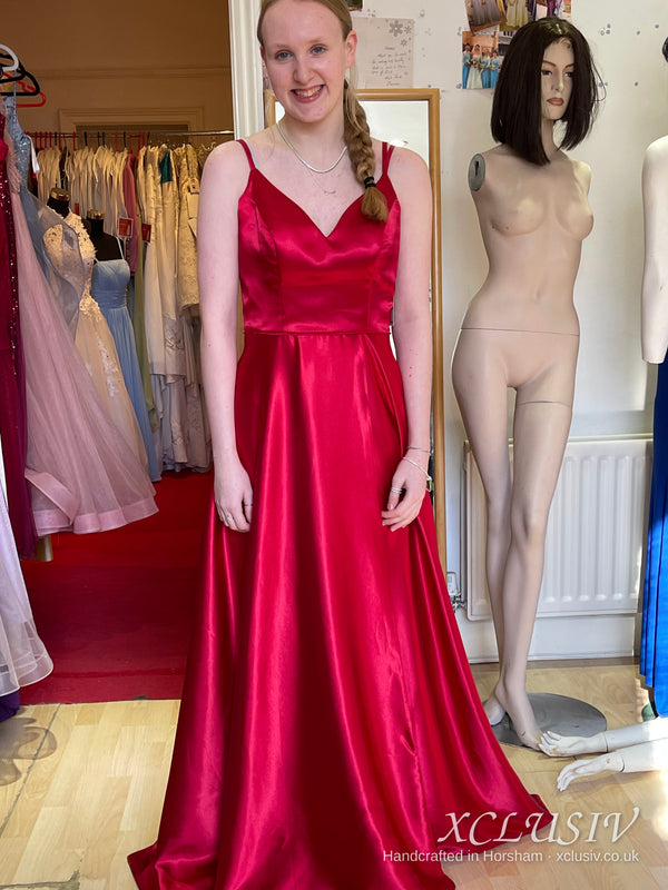 Red Satin V-Neck Ball Gown Prom Dress – XCLUSIV Horsham (view 2)