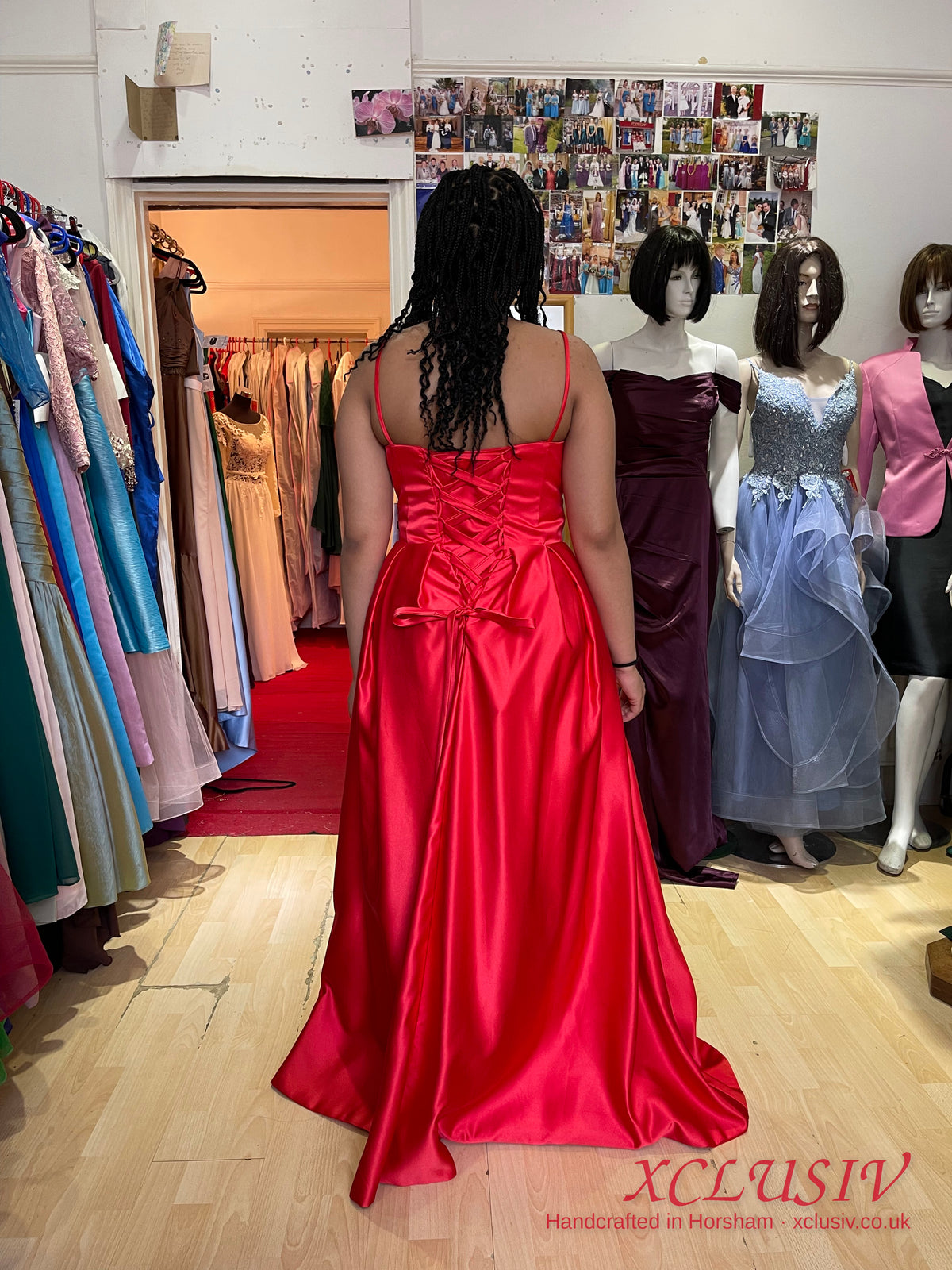 Red Satin V-Neck Lace-Up Back Ball Gown Prom Dress – XCLUSIV Horsham (view 2)