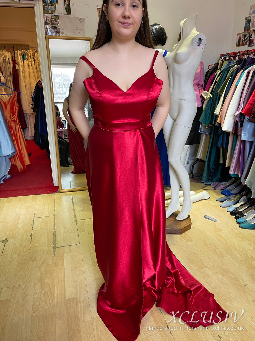 Red Satin V-Neck Train Prom Dress – XCLUSIV Horsham
