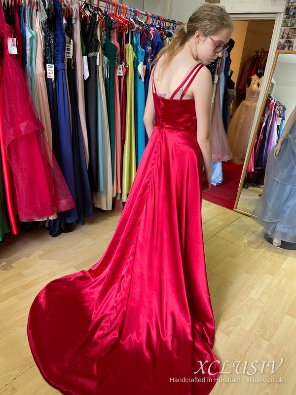 Red Satin V-Neck Train Prom Dress – XCLUSIV Horsham (view 2)