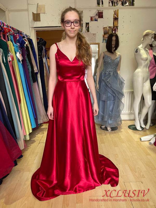 Red Satin V-Neck Train Prom Dress – XCLUSIV Horsham (view 3)
