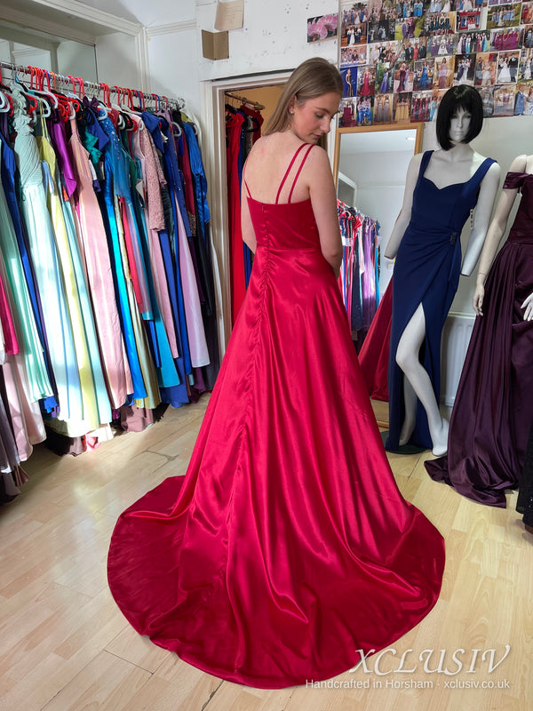 Red Satin V-Neck Train Prom Dress – XCLUSIV Horsham (view 4)