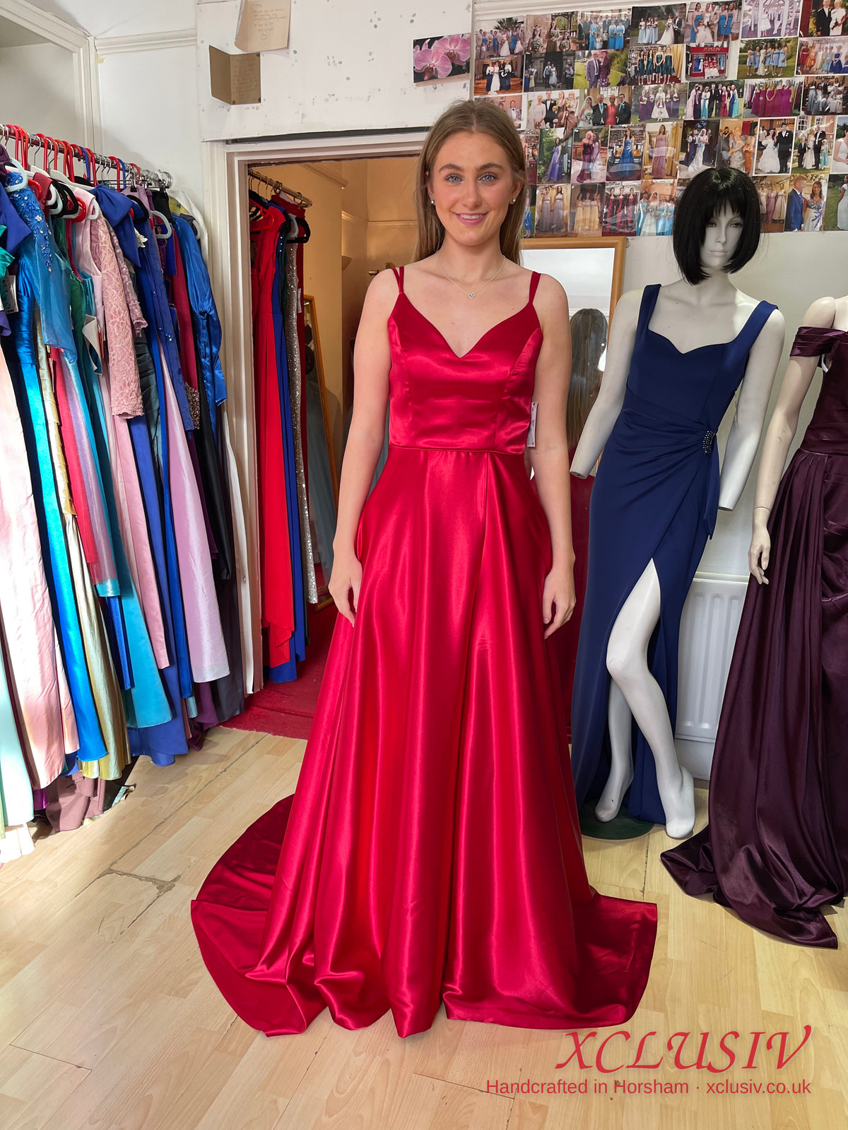 Red Satin V-Neck Train Prom Dress – XCLUSIV Horsham (view 5)