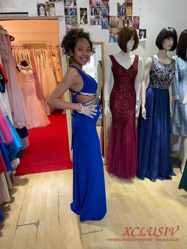 Royal Blue Halter Beaded Cut-Out Prom Dress – XCLUSIV Horsham (view 3)