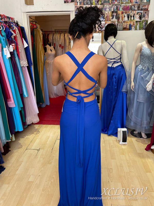 Royal Blue Halter Beaded Cut-Out Prom Dress – XCLUSIV Horsham (view 13)