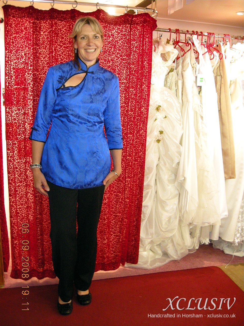 Royal Blue Satin Cheongsam Top & Black Trousers – Mother of the Bride – XCLUSIV Horsham