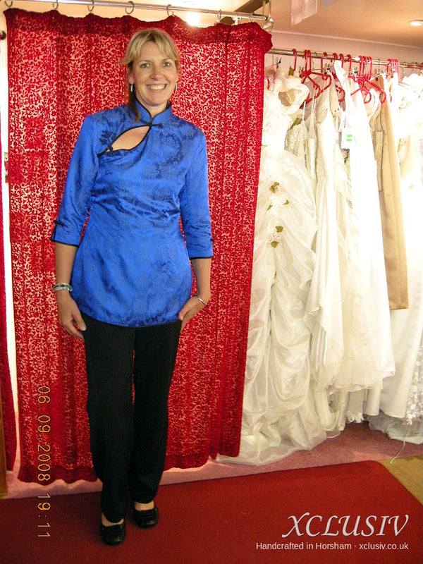 Royal Blue Satin Cheongsam Top & Black Trousers – Mother of the Bride – XCLUSIV Horsham