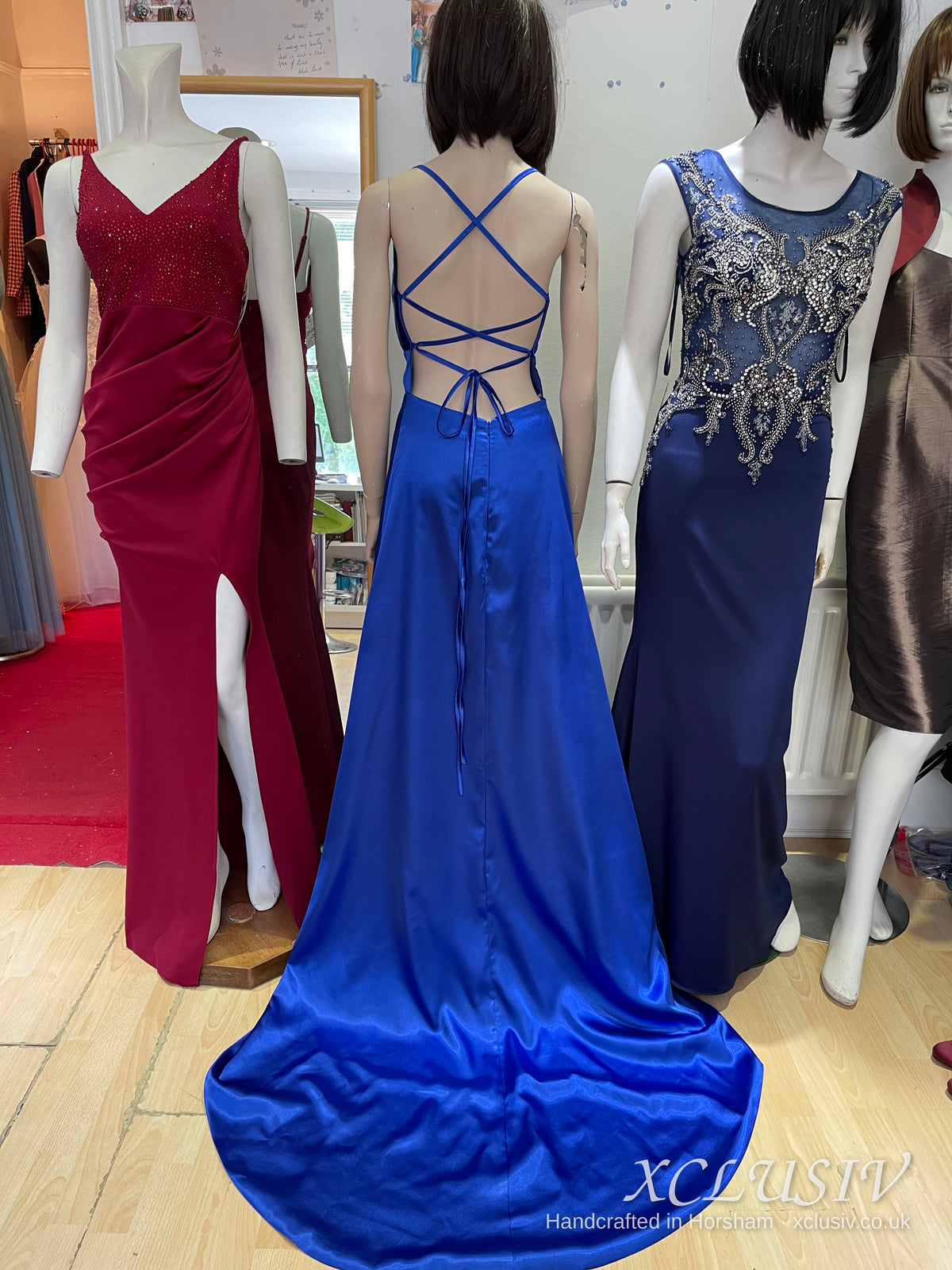 Royal Blue Satin Cross-Back Train Prom Dress – XCLUSIV Horsham