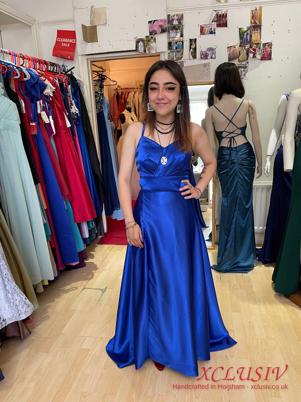 Royal Blue Satin Lace-Up Back A-Line Prom Dress – XCLUSIV Horsham (view 2)