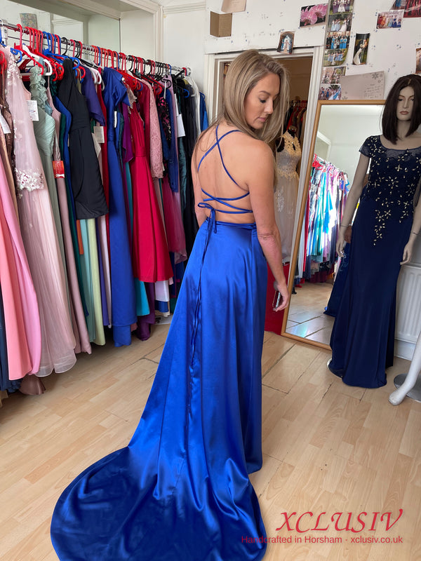 Royal Blue Satin Lace-Up Back A-Line Prom Dress – XCLUSIV Horsham (view 3)